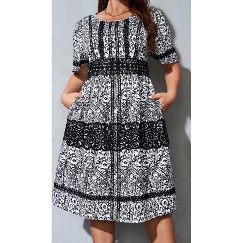womens‎ dress L Cottage Core Black White Lace Midi Short Sleeve NWT